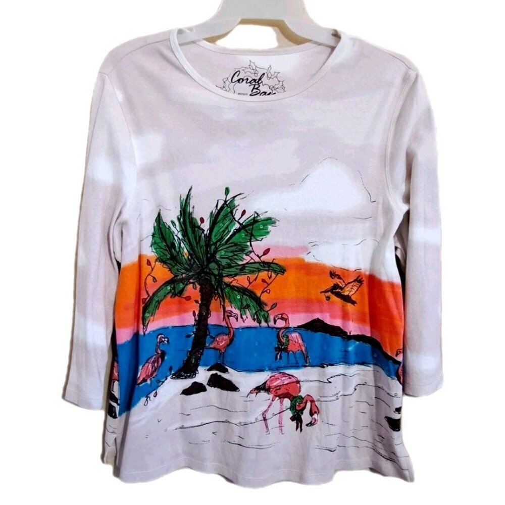 Coral Bay Women's 1X Long Sleeve Christmas Flamingo Scoop Neck Top Beach Coastal